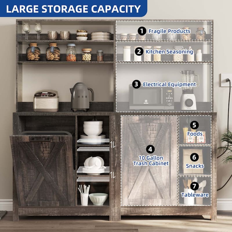 Moasis 6-Tier Bakers Rack Cabinet with Microwave Stand and Trash Can Bin, Coffee Bar Table Station with Power Outlets