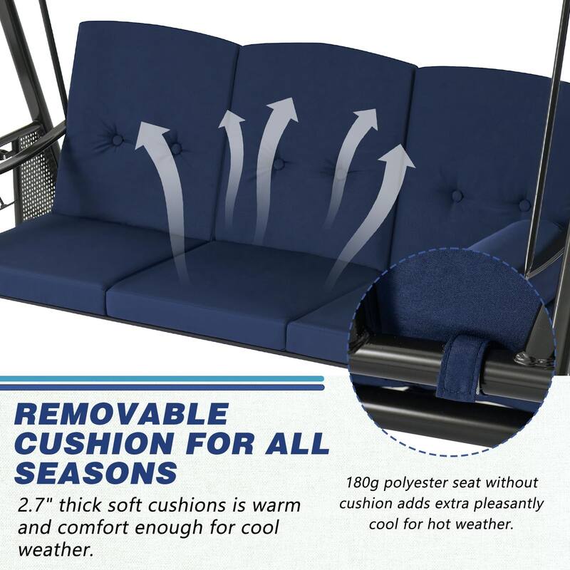 3-Seat Metal Patio Swing, Outdoor Porch Swing Glider with Cushions&Cup Holder