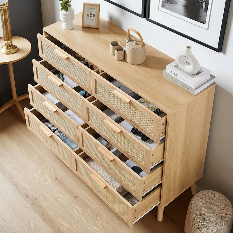 Natural 8 Drawer Dresser with Rattan Fronts, Wooden Double Chest of Drawers, Wide Storage Cabinet for Bedroom and Hallway