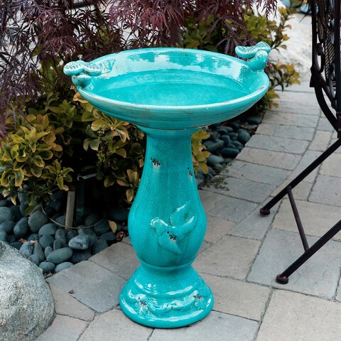 Alpine Corporation 25" Tall Outdoor Ceramic Antique Pedestal Birdbath with 2 Bird Figurines, Turquoise