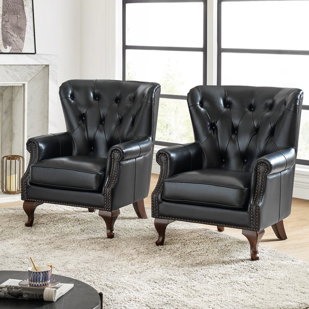 Gerhard Genuine Leather Waterproof Armchair with Solid Wood Legs and Removable Cushion Set of 2 by HULALA HOME