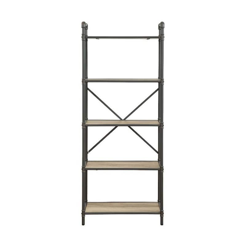 Five-Tier Metal Bookshelf With Wooden Shelves, Oak Brown & Gray