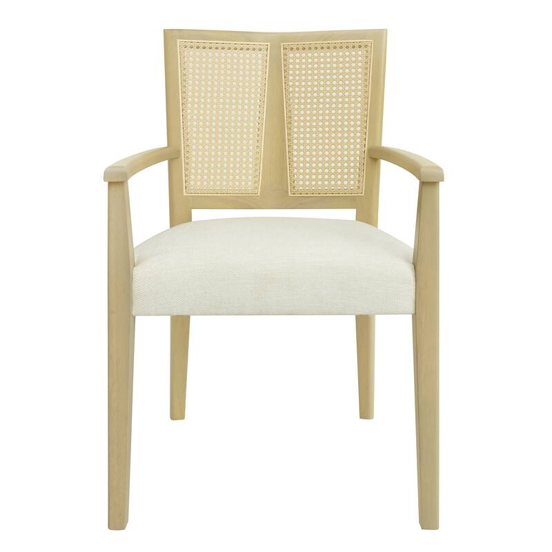 Set of 2 Modern Wooden Arm Dining Chairs with Rattan Backrest, Upholstered Fabric Seat, Rubberwood Frame