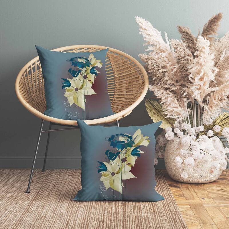 Flowers Line Art Faux Suede Reversible Throw Pillow Blue and Brown