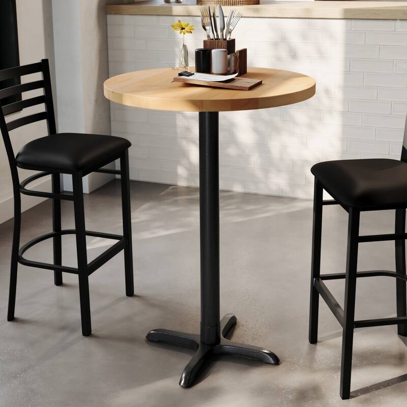 Round Solid Wood Commercial Tabletop with 22" x 22" Bar Height X-Base - 30"W x 30"D x 43.5"H