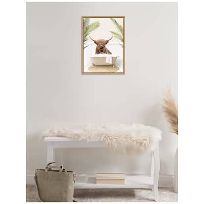Kate and Laurel Sylvie Highland Cow in Palm Bathtub Framed Canvas by Amy Peterson