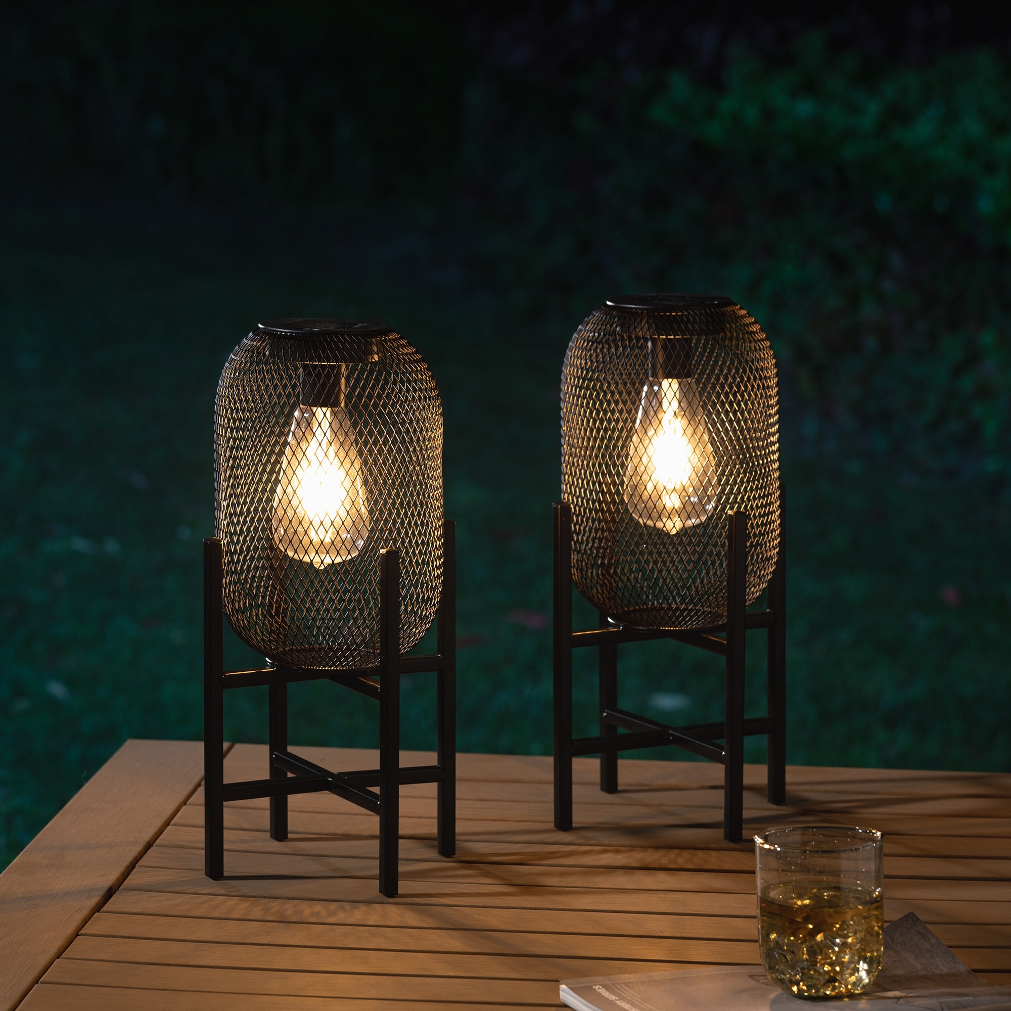 Glitzhome Set of 2 Metal Black Solar Powered Outdoor Lantern with Stand On Sale Bed Bath Beyond 37531584