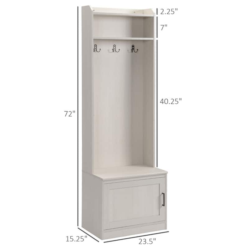 Modern Entryway Hall Tree with Bench Coat Rack Storage Cabinet and Adjustable Shelves - 23.5" W x 15.25" D x 72" H