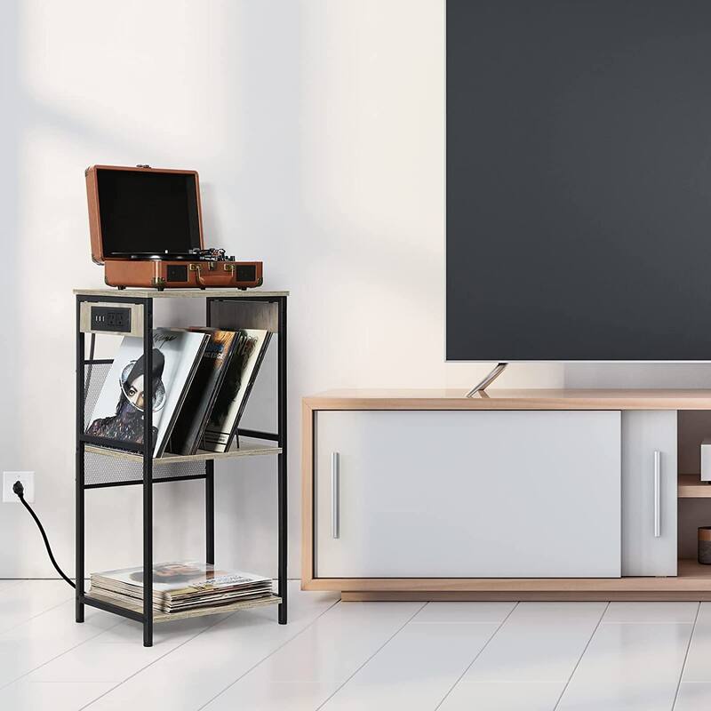 3-Tier Vinyl Record Player Stand with Charging Station