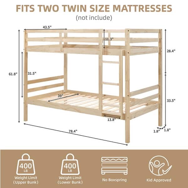 dimension image slide 1 of 4, Twin Bunk Bed,Wooden,High Guardrail,Ladder,Kids Teens,Dorm Guest