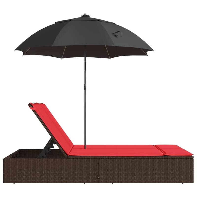 vidaXL Patio Double Sun Lounger&Cushions&Parasol Poly Rattan Brown/Gray/Black - 78.7" x 64.6" x 69.3"