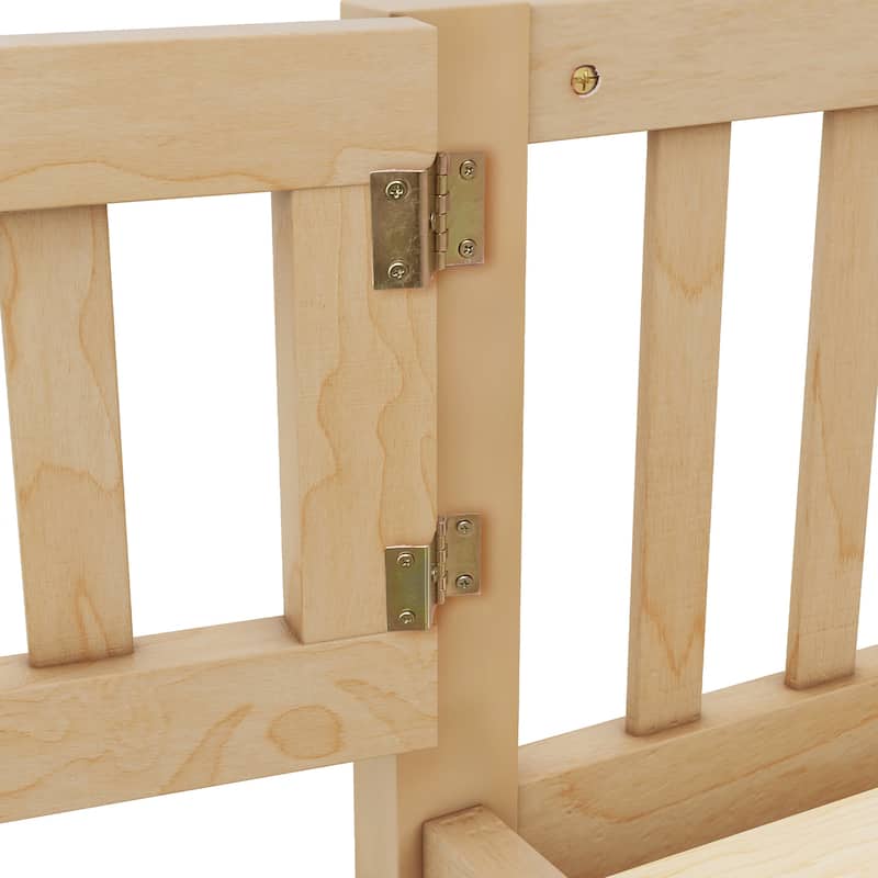 Twin Size Pine Wood Floor Bed with Safety Guardrails and Door for Kids, Boys, Girls, Bedroom
