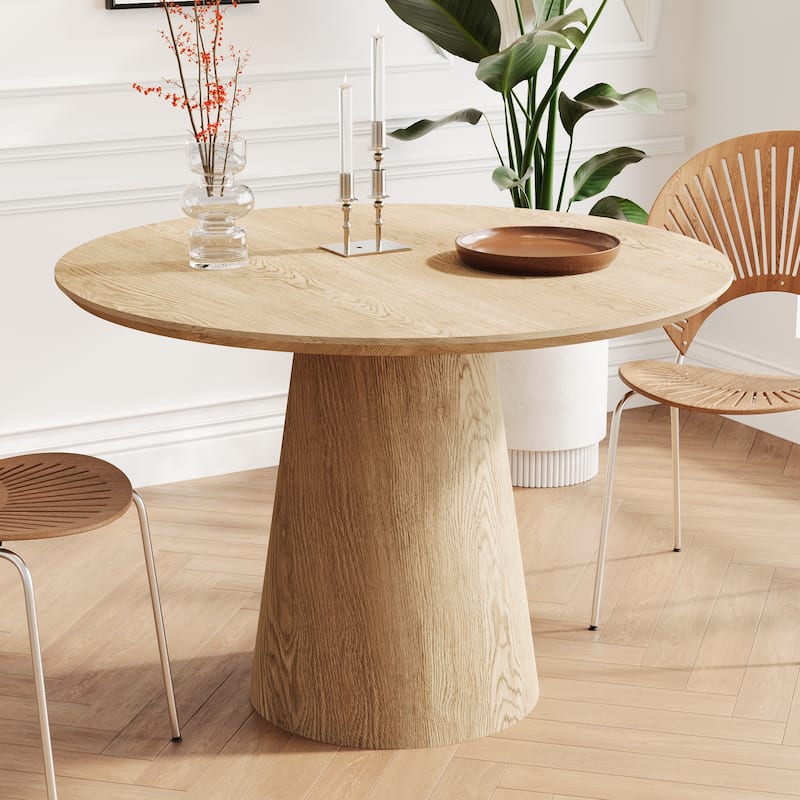 Elegant Round Coffee Table for 4, MDF Base with Unique Design, Natural Wood Grain Dining Table