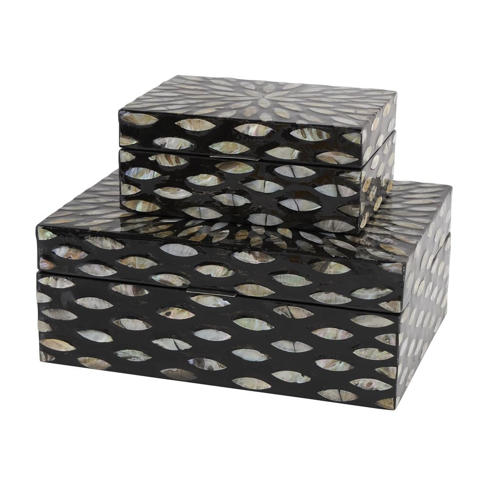 Mother of Pearl Shell Floral Box with Beige Accents - Set of 2 Black - Roche River Decor