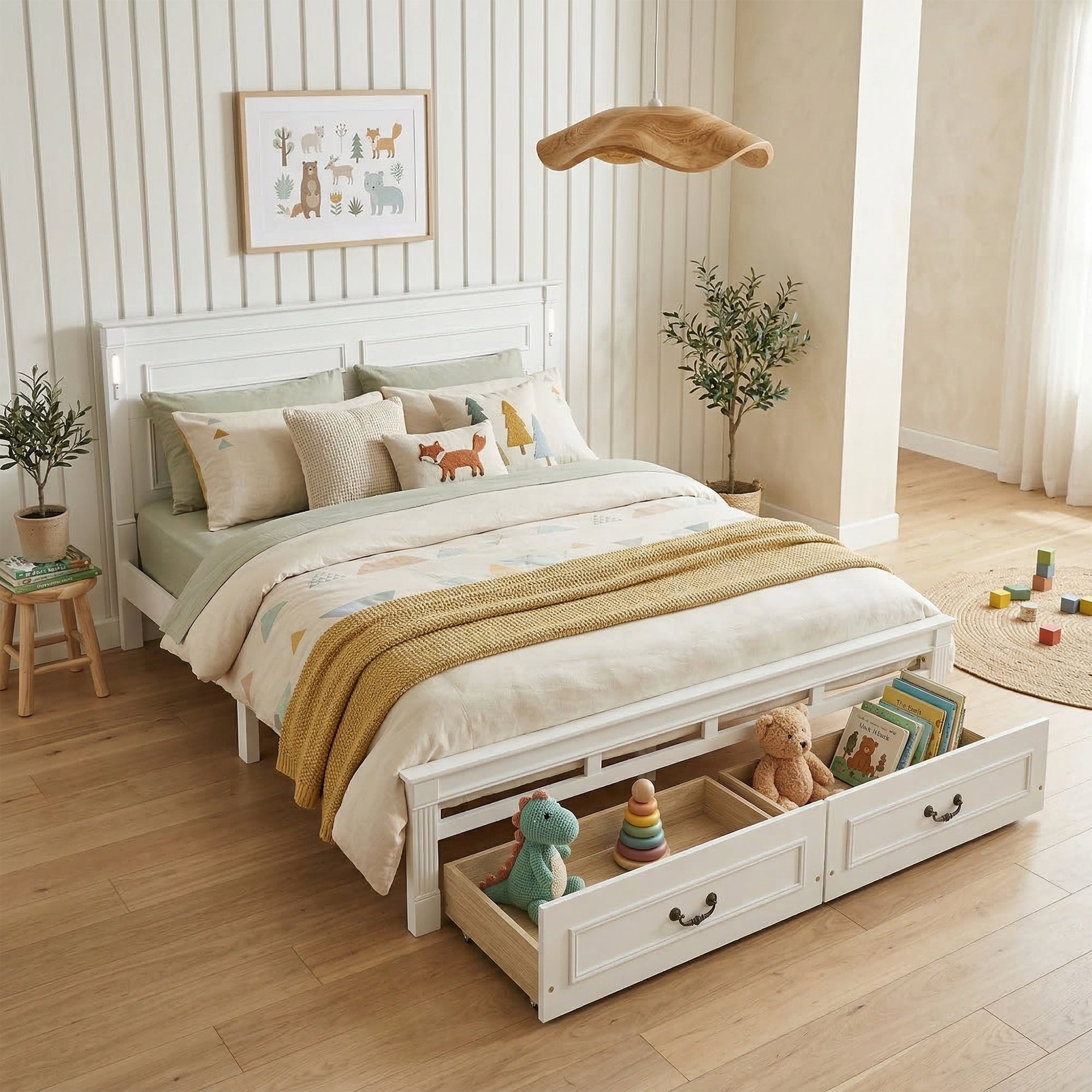 Platform Bed with 2 Storage Drawers Pine Wood Frame USB Charging Station in Headboard LED Lights No Box Spring Needed
