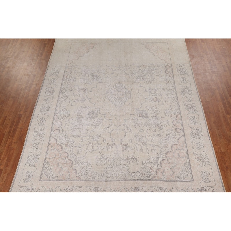 Muted Distressed Tabriz Persian Antique Area Rug Handmade Wool Carpet - 9'8" x 13'0"