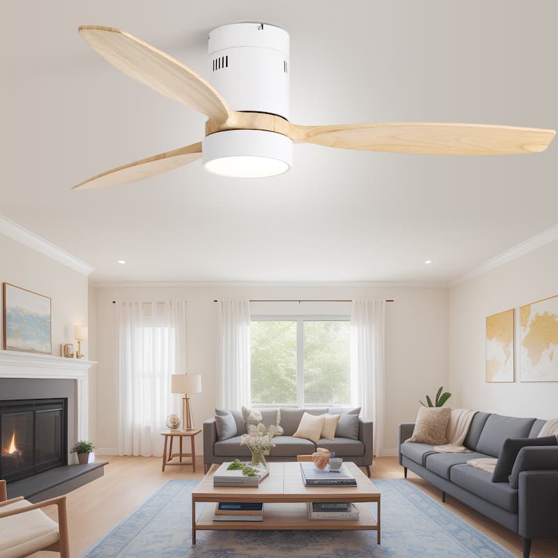 52 Inch Noiseless Flush Mount Ceiling Fan with Remote/Smart App Control,Dimmable Lights Optional,Reversible Motor - 52 Inch - White with Wood Blades/WithLights