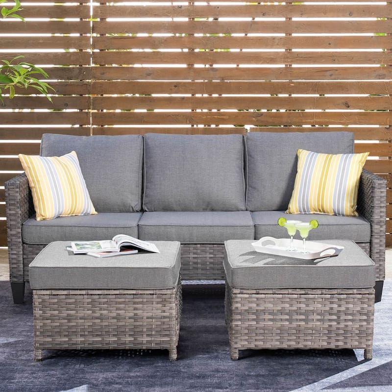 OVIOS 3-piece Outdoor Wicker Conversation Ottoman Set - Dark Grey