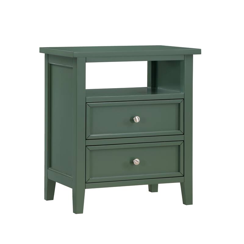 2- Drawer Nightstand with Nickel Knobs and Open Shelf Solid Wood Construction
