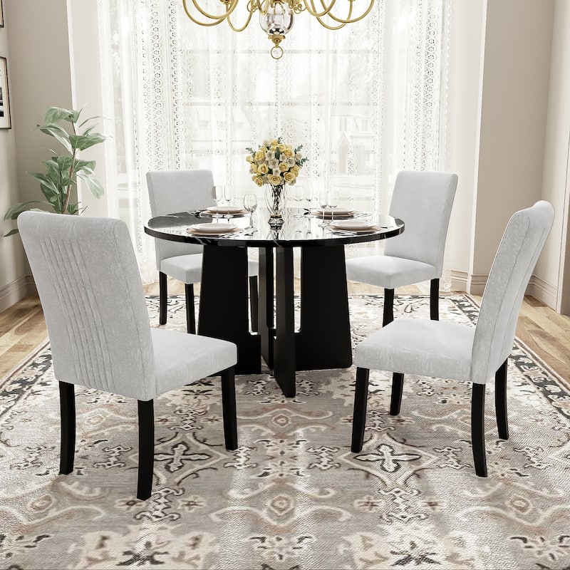 5-Piece Round Dining Table Set for 4, 43.3" Kitchen Wood Table with 4 Upholstered Dining Chairs for Dining Room - Beige+Black
