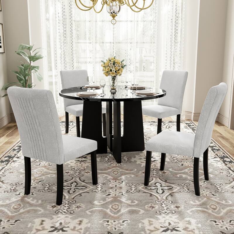 Modern 5-Piece Round Dining Set, 43-Inch Dining Table & 4 Upholstered Chairs, Farmhouse, Mid-Century Style for Dining Room - Beige+Black