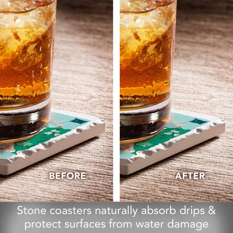 Alaska 4-Pack Absorbent Stone Coasters with Protective Cork Backing 4" Square Made in The USA Easily Wipes Clean