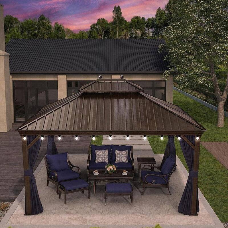 PURPLE LEAF Hardtop Aluminum Gazebo with Curtains and Netting, Double Roof Patio Gazebo - 10' x 14' (Hot Sale) - With Lights