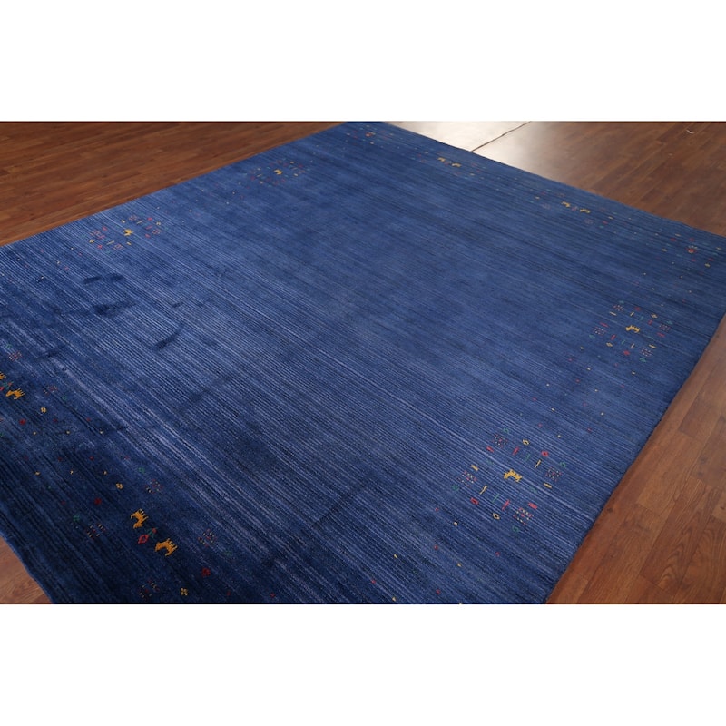 Royal Blue Striped Gabbeh Oriental Area Rug Handmade Silk Carpet - 7'8"x 9'5"