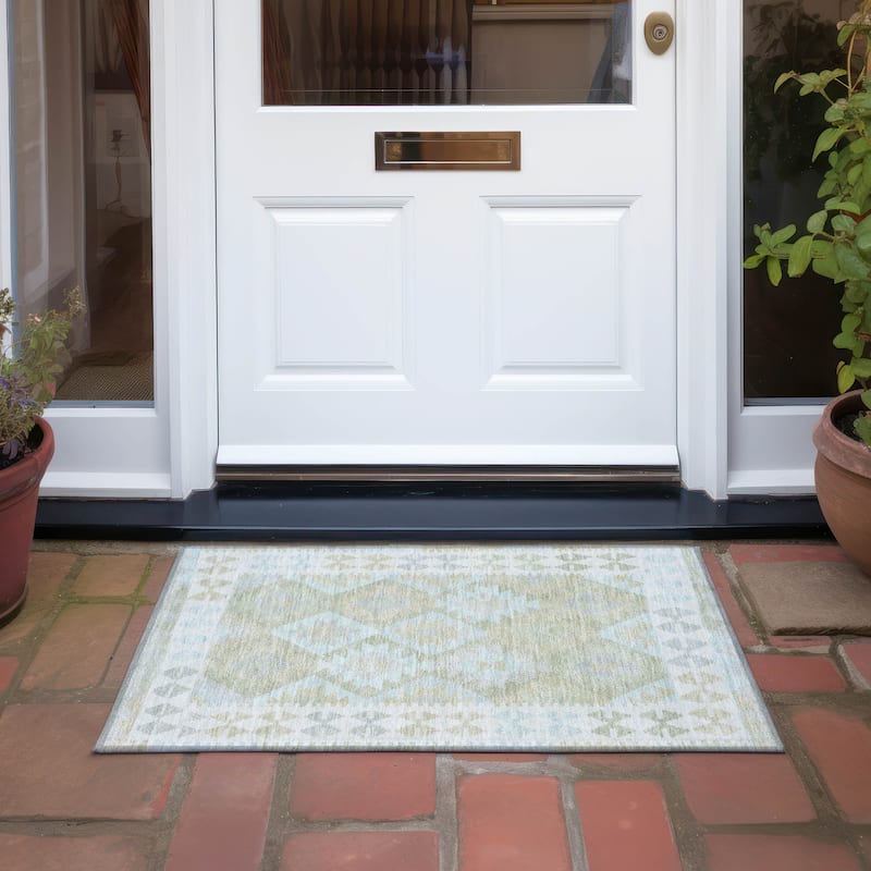 Machine Washable Indoor/ Outdoor Boho Global Chantille Rug - Sage - 1'8" x 2'6" - Rectangle