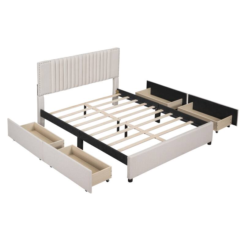Linen Fabric Upholstered Bed Frame Queen Platform Bed with 4 Storage