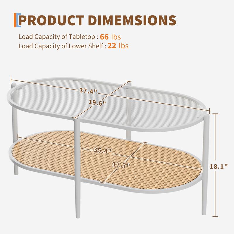 2-Tier Rattan Coffee Table, Boho Oval Coffee Table with Tempered Glass Top