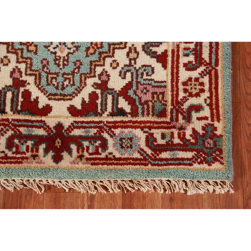Hand Knotted Oriental 100% Wool Carpet Traditional Geometric Navy Blue & Blues Heriz (serapi) Runner Rug - 8' 2'' X 2' 6''