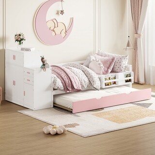 Twin Size Platform Bed with Built-In Bookshelf, Movable Wardrobe, and Pull-Out Trundle