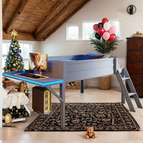 slide 2 of 16, Full Size Wood Gaming Loft Bed with Desk and LED,Grey Grey