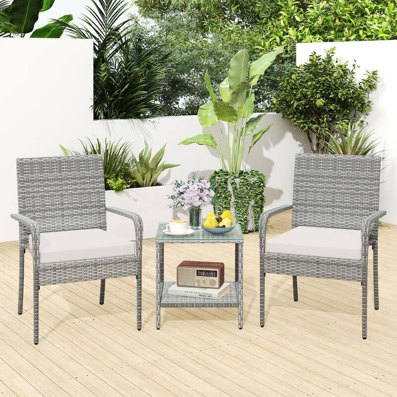 Gymax 3 Pieces Patio Furniture Set PE Rattan Porch Chairs w/ 2-Tier