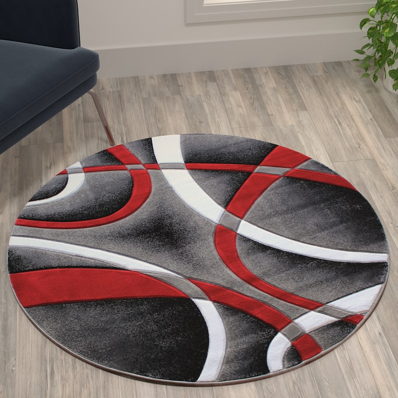 Modern Ribboned Design High-Low Pile Abstract Area Rug - Red - 4' x 4'