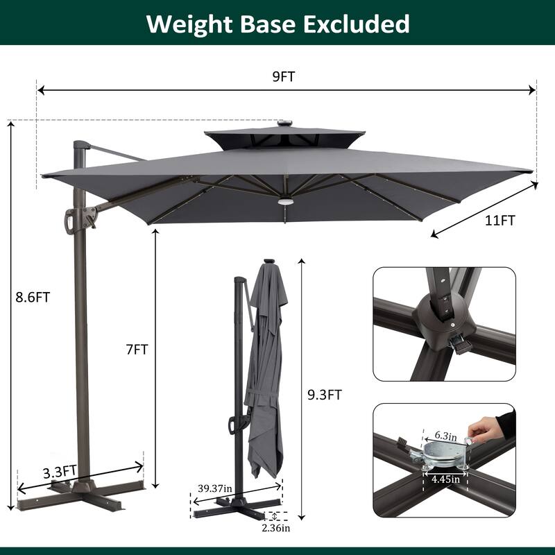 9 X 11 FT Outdoor Patio Cantilever Umbrella with Solar Lights Double Canopy 360 Rotation Tilt