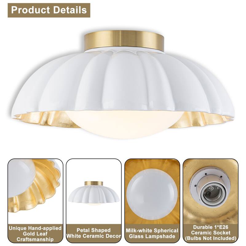 Dome Milky White Shade Flush Mount Ceiling Light with Gold Foil Interior - Dia.13.58-in
