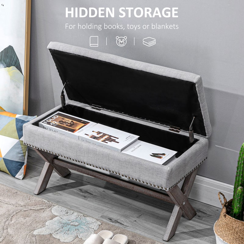 Grey Upholstered Storage Shoe Bench with Nail head Trim for Entryway Bedroom or Living Room Seating
