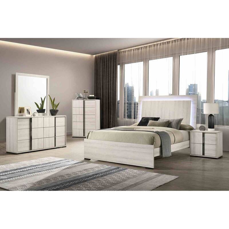 Sleek Contemporary White Wash Bedroom Furniture Set with LED Lighting