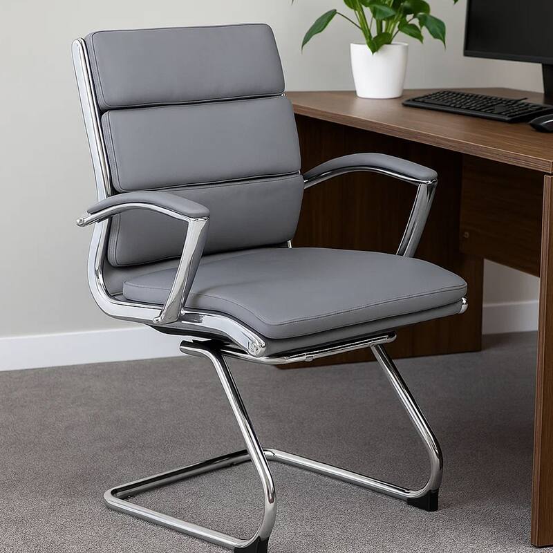 Kim Executive Guest Chair with Metal Chrome Cantilever Base, Gray Vinyl