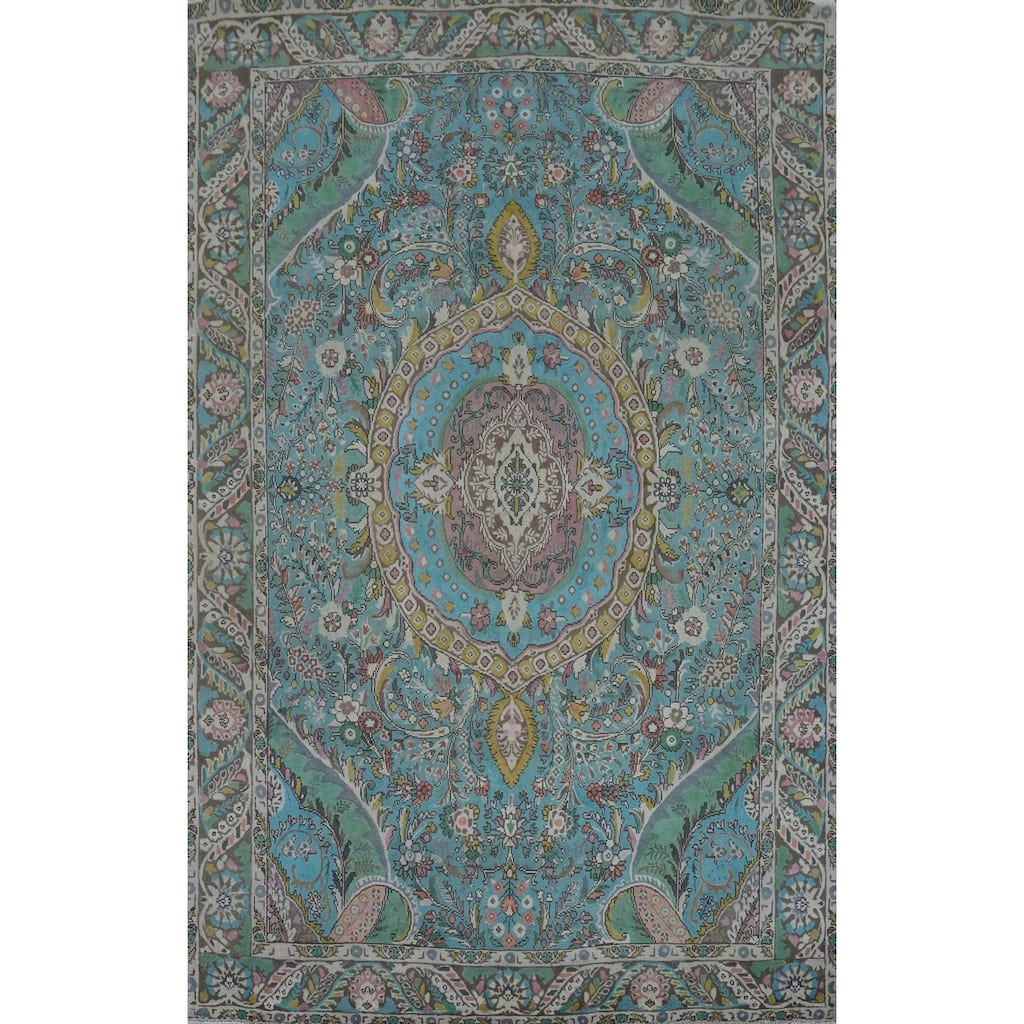 Blue Floral Tabriz Persian Vintage Area Rug Handmade Wool Carpet - 6'5" x 9'11"