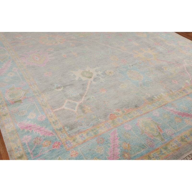 Grey Floral Oushak Indian Area Rug Handmade Wool Carpet - 8'8"x 12'6"