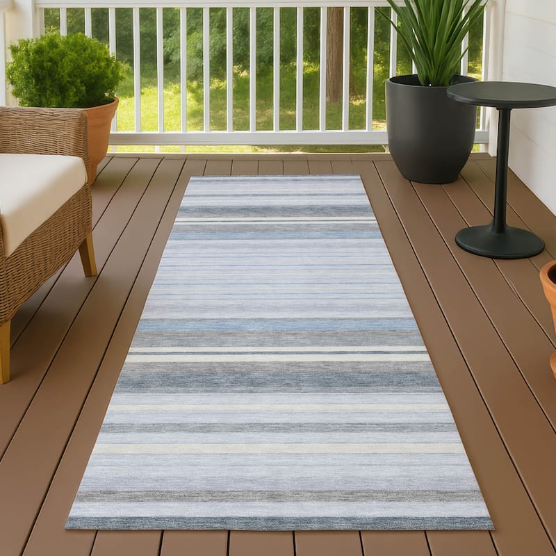 Machine Washable Indoor/ Outdoor Modern Stripes Chantille Rug - Sky - 2'3" x 7'6"