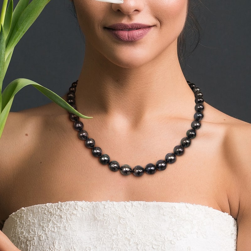 Miadora 8-10mm Black Cultured Tahitian Pearl String Necklace Sterling Silver Clasp - 18 in