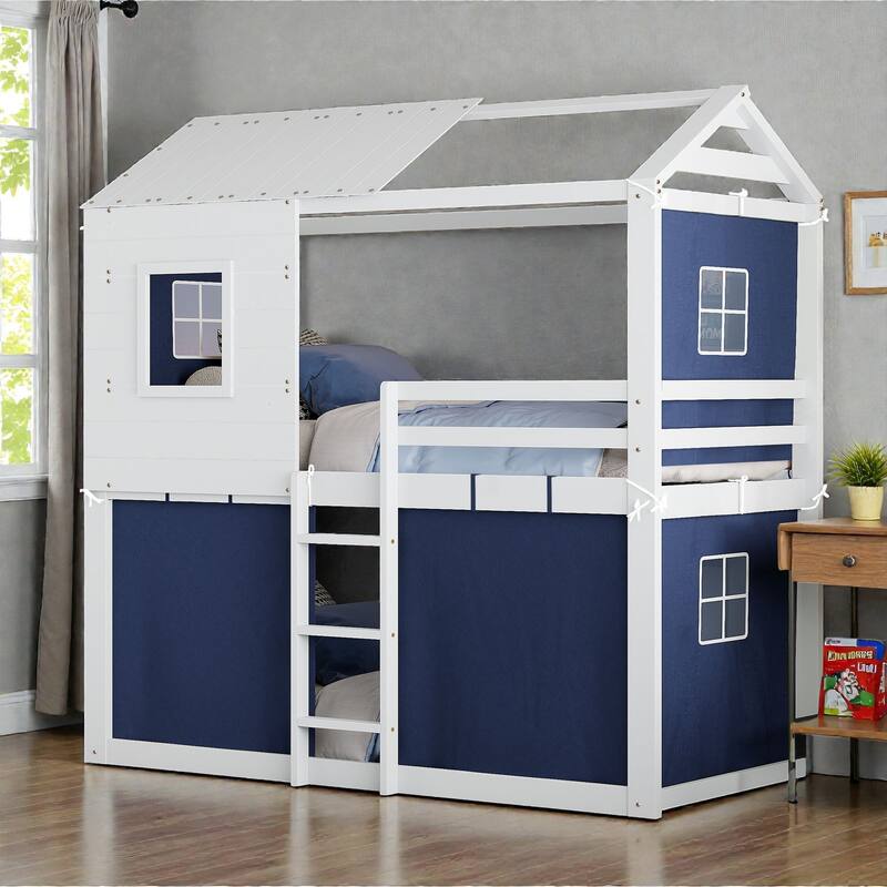 Twin/Full Wood House Bunk Bed with Tent, Playhouse Design, Windows & Roof, Solid Wood Frame, No Box Spring Required