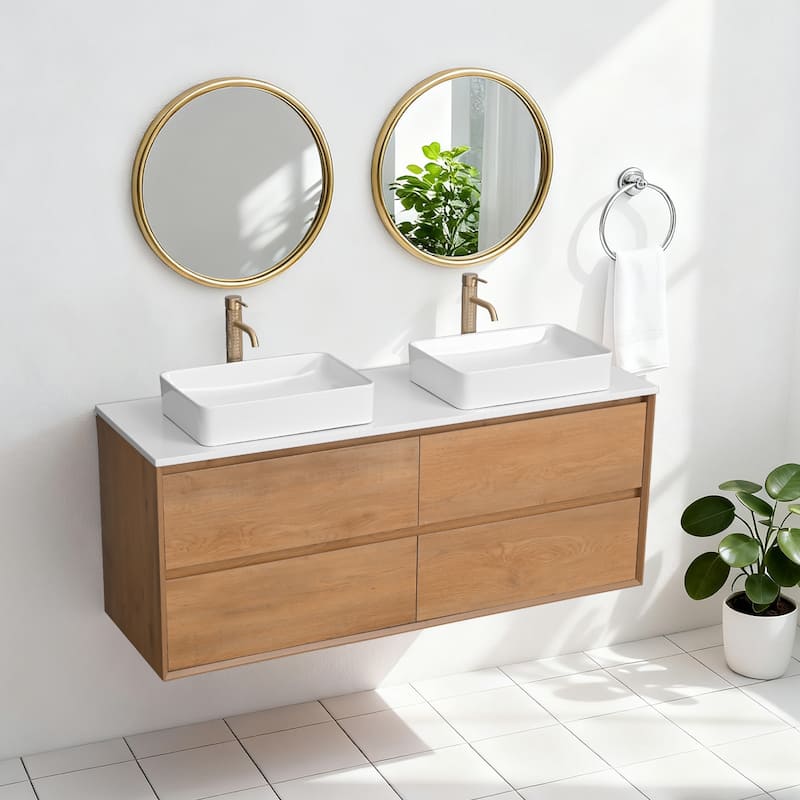 Sylphar 60 inch Toffee Oak Floating Bathroom Vanity with White Quartz Top
