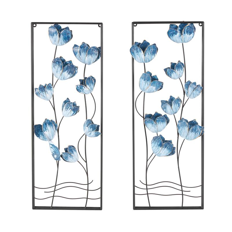 Blue Metal Floral Living Room Wall Decor with Black Metal Stems and Frame (Set of 2)