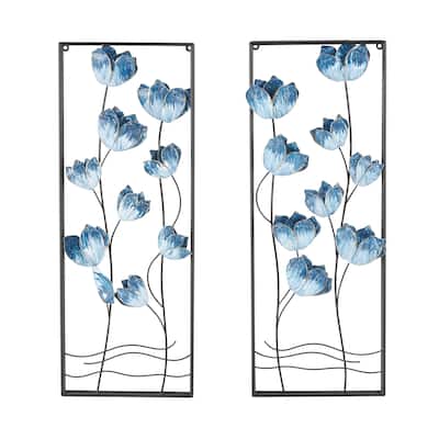 Metal Floral Living Room Wall Decor with Black Metal Stems and Frame - Set of 2 Blue - Roche River Decor