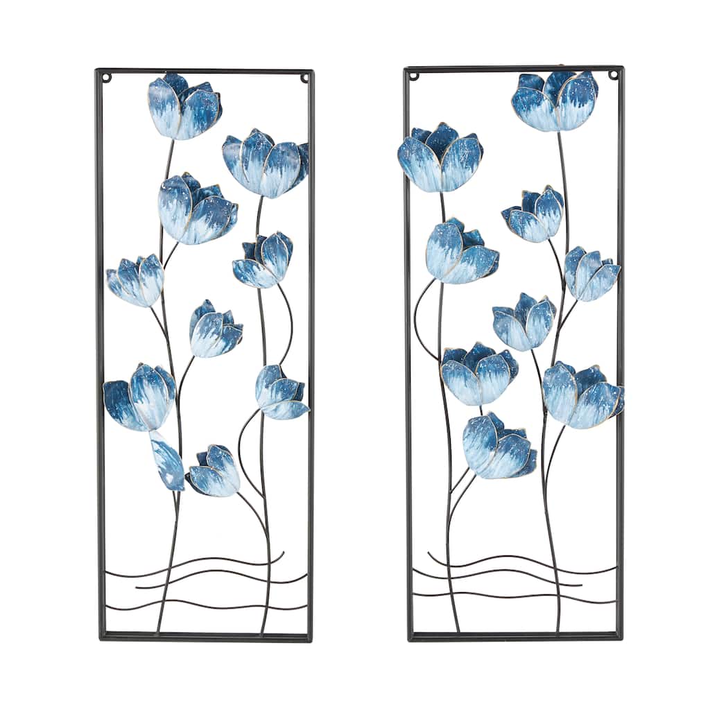 Metal Floral Living Room Wall Decor with Black Metal Stems and Frame - Set of 2 Blue - Roche River Decor